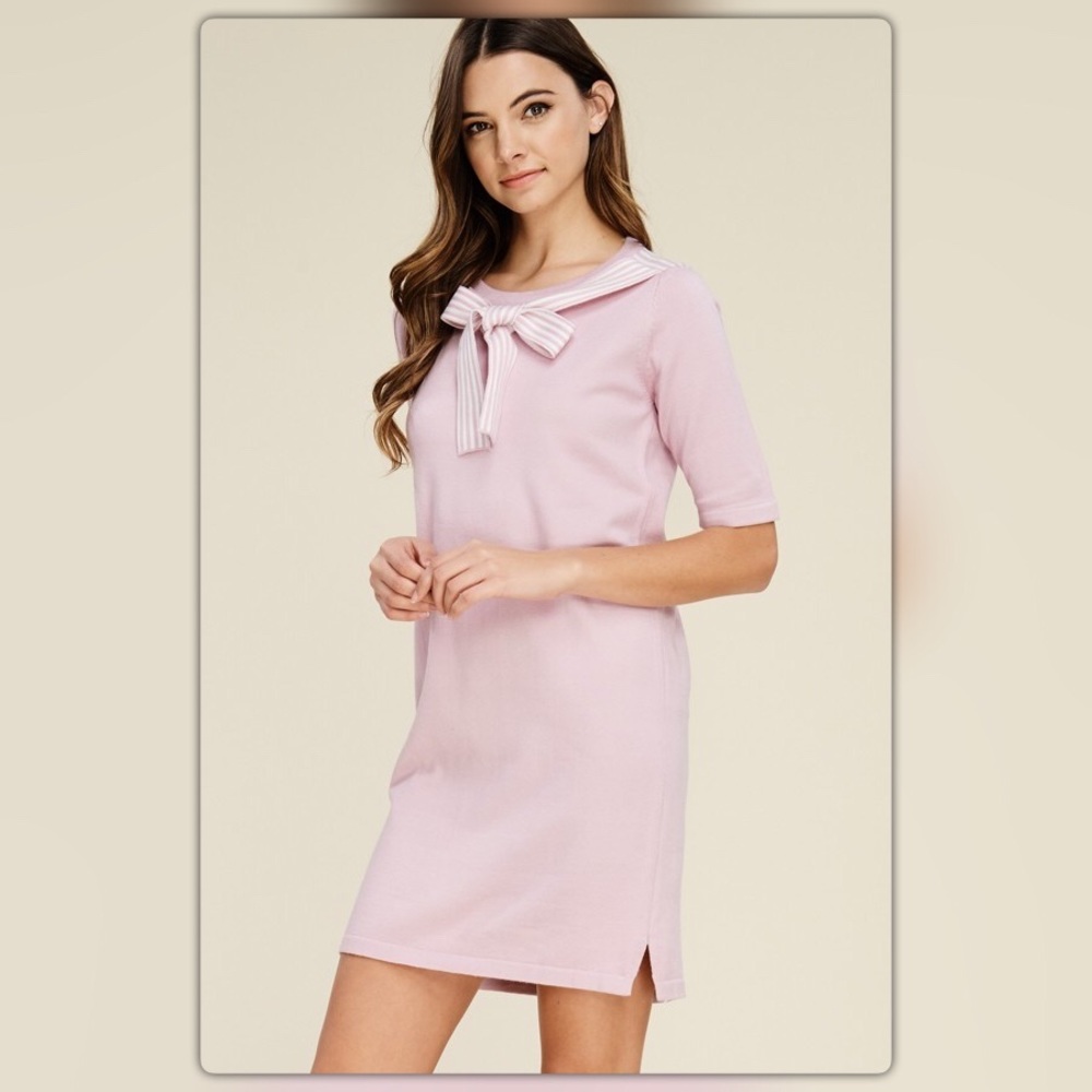 Preppy Pale Pink Ribbon Bow Sweater Dress
